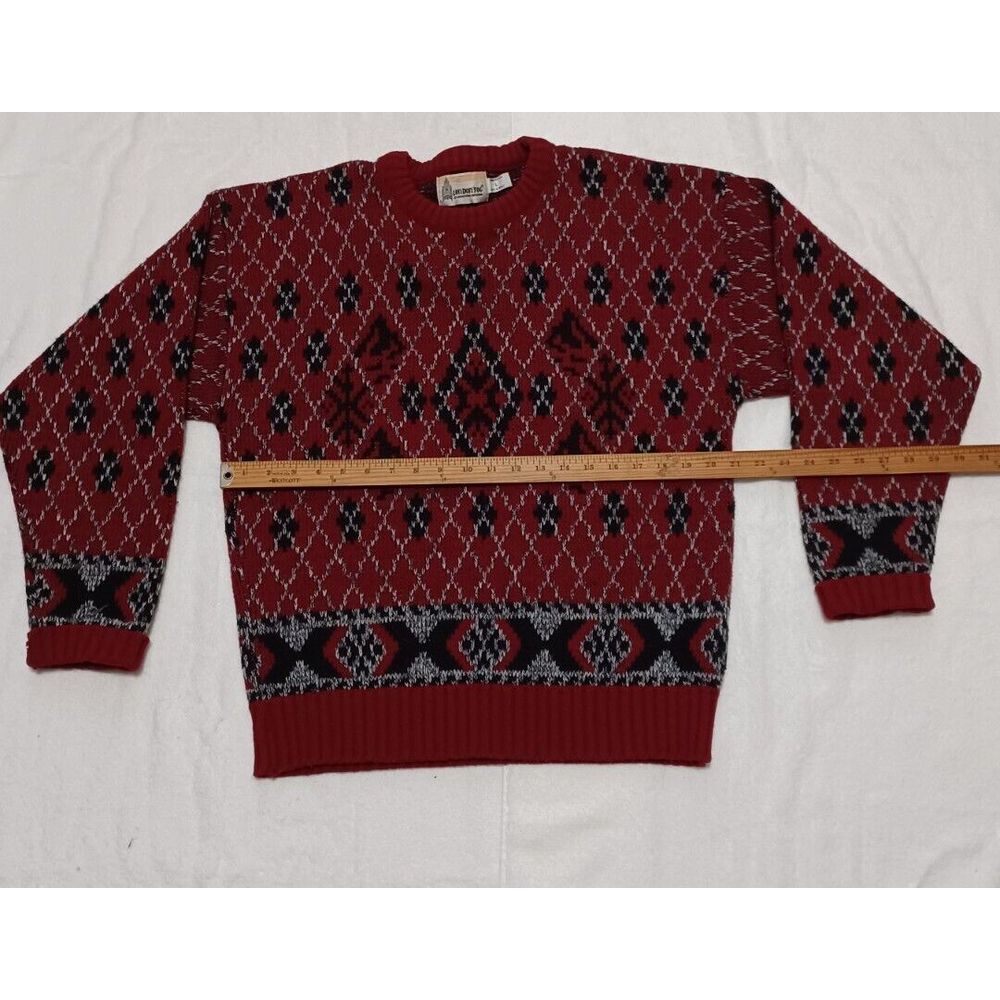 Vintage London Fog Mens Large Red Geometric Fair Isle‎ Knit Crewneck Sweater USA